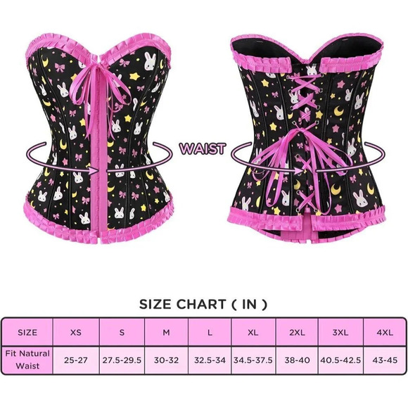 Women's Lace Up Boned Black and Pink Overbust Corset Bustier Bodyshaper Top - Picture 3 of 6